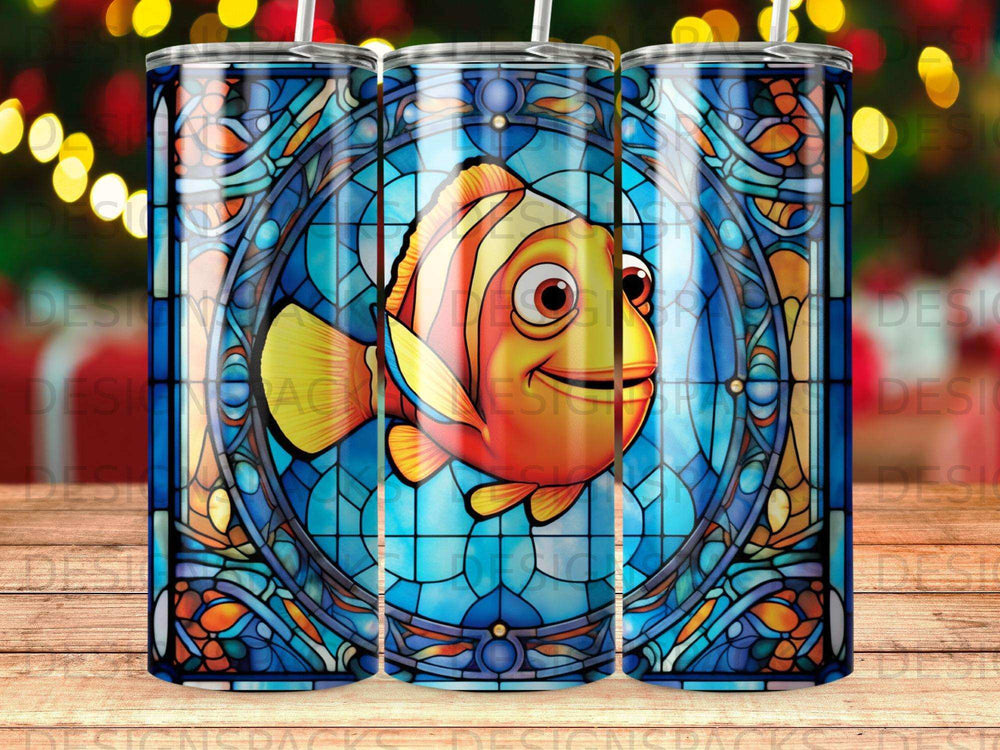Clownfish with stained glass background on a tumbler.
