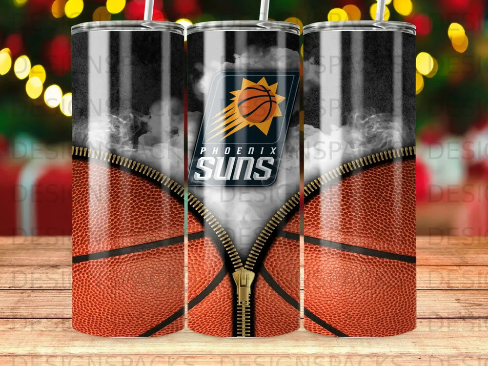 Phoenix Suns basketball tumbler with team logo and zipper design.