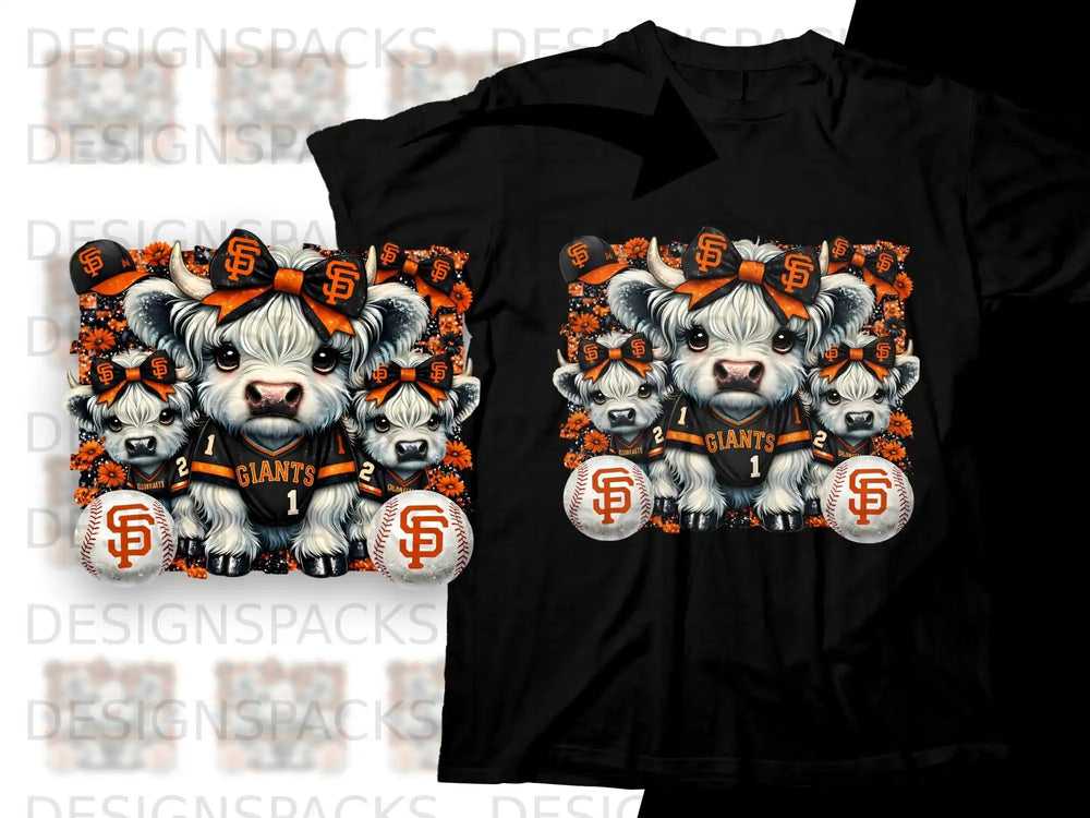 San Francisco Giants baby cows with bows and baseballs, on black t-shirt mockup.