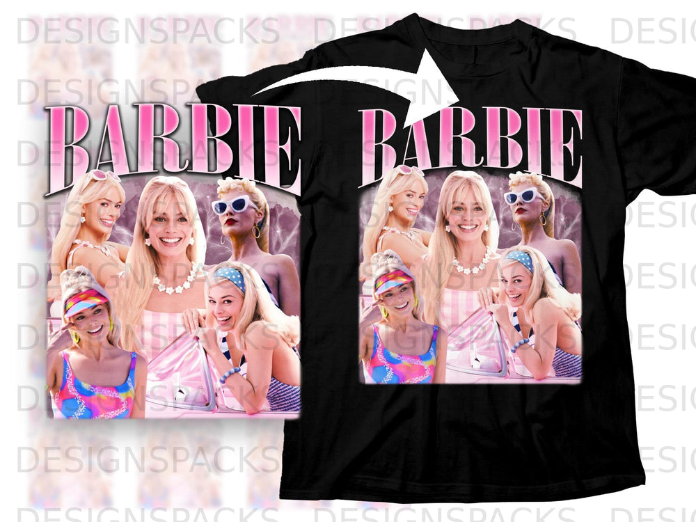 Barbie logo above montage of actresses in retro outfits and sunglasses.