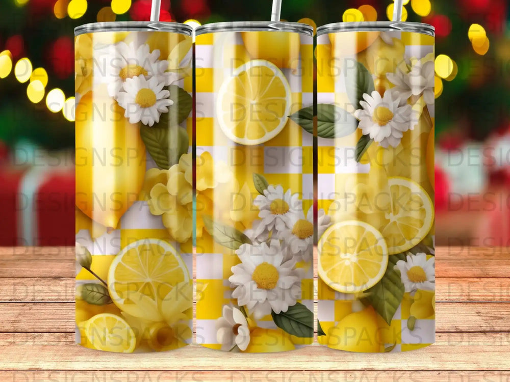 Tumbler with a pattern of lemons, daisies, and leaves.