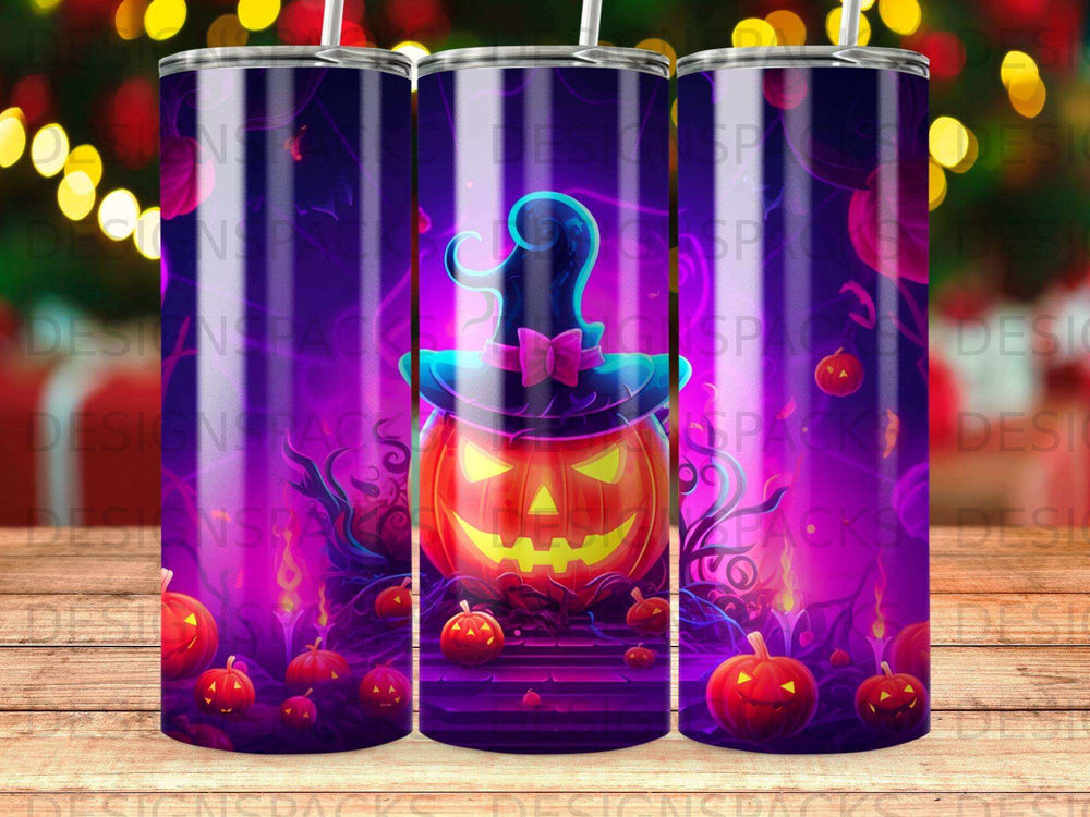 Halloween tumbler featuring a grinning jack-o'-lantern wearing a witch's hat.