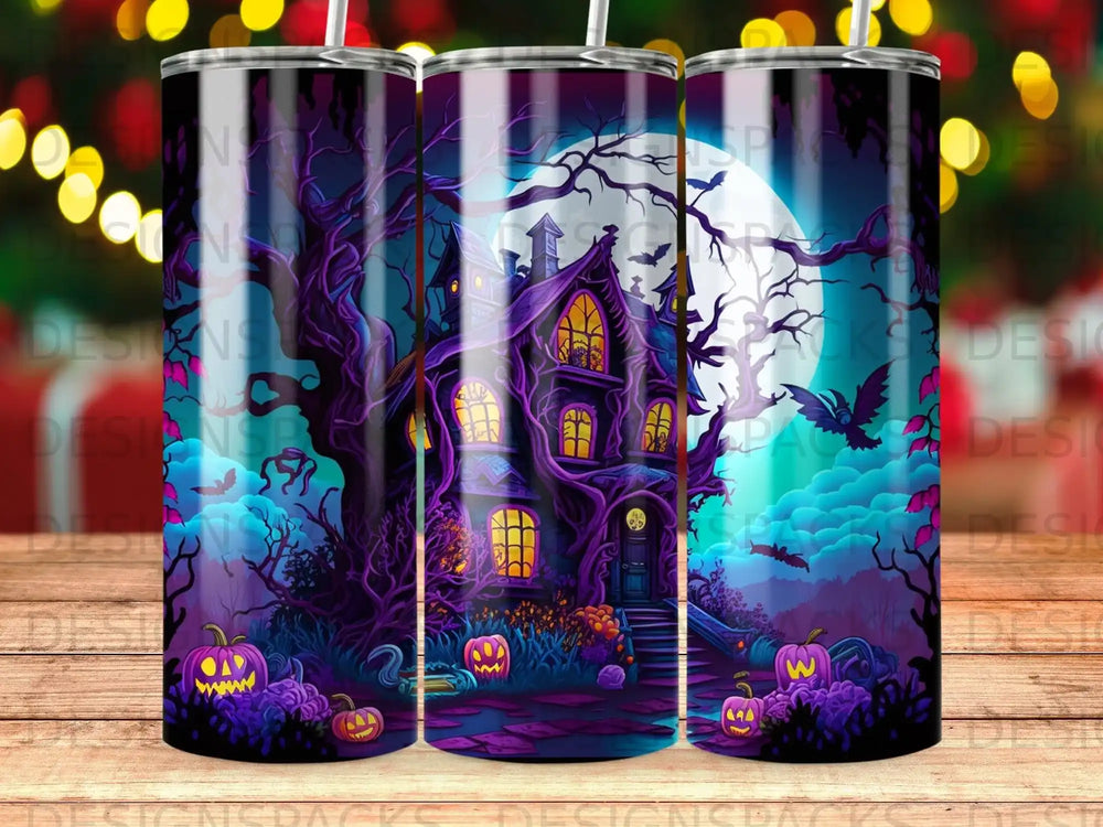 Spooky haunted house with pumpkins and a full moon, nighttime scene.