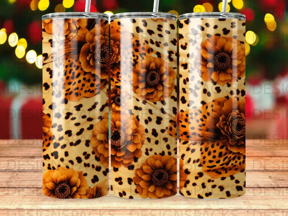 Leopard print tumbler with large orange flowers.