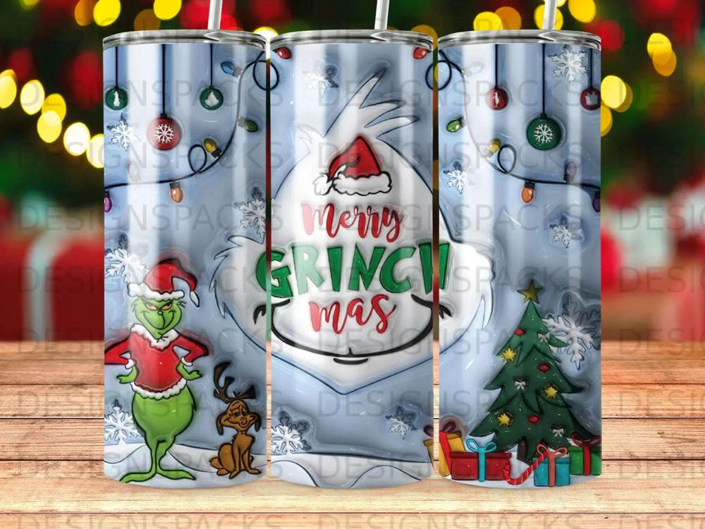 Grinch and Max on a tumbler with "Merry Grinchmas" text and Christmas tree.