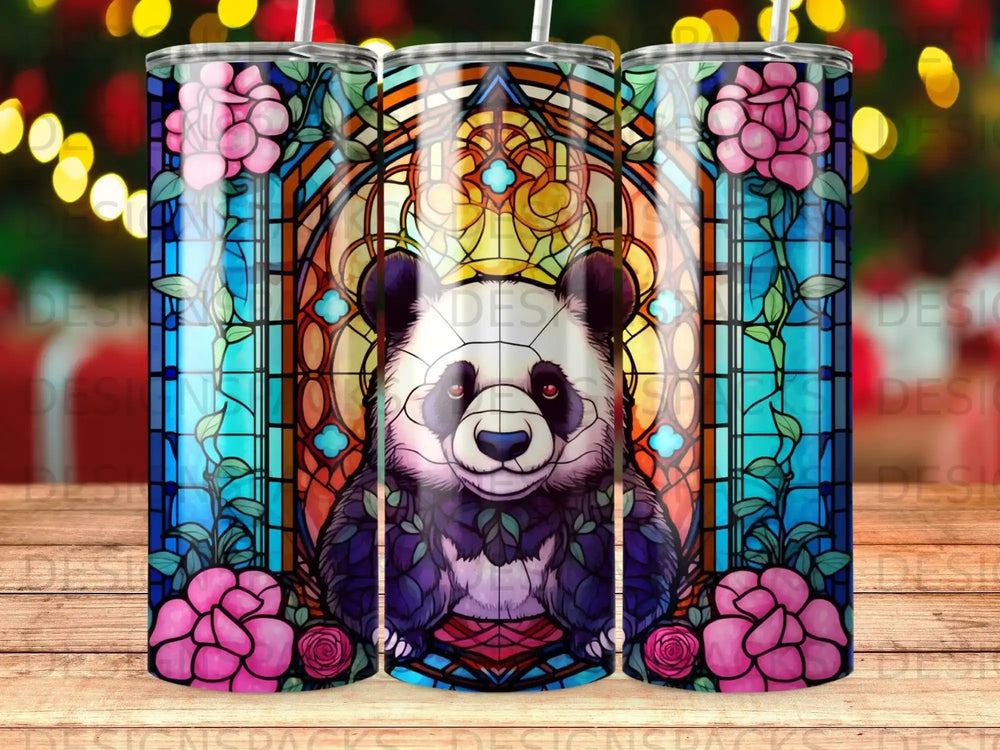 Panda face with pink roses and stained glass floral background.