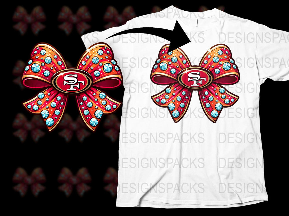 San Francisco Themed Red Bow T-Shirt, Rhinestone Embellished Tee, Sports Fan Apparel, Casual Wear