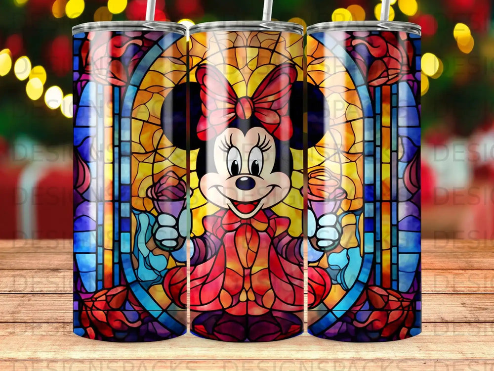 Minnie Mouse in stained glass holding ice cream cones.