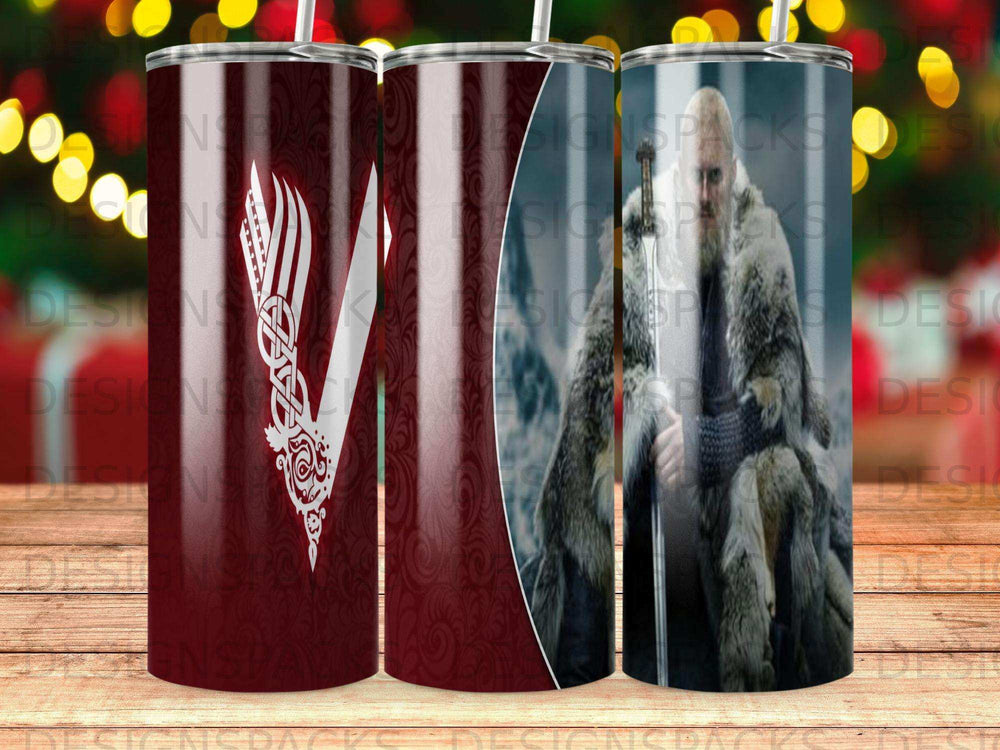 Viking tumbler featuring Ragnar Lothbrok and a Viking knot design.