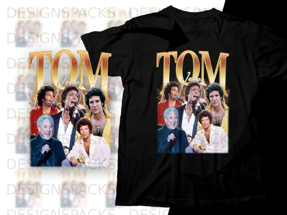 Black t-shirt with Tom Jones collage featuring three portraits and the singer's name.