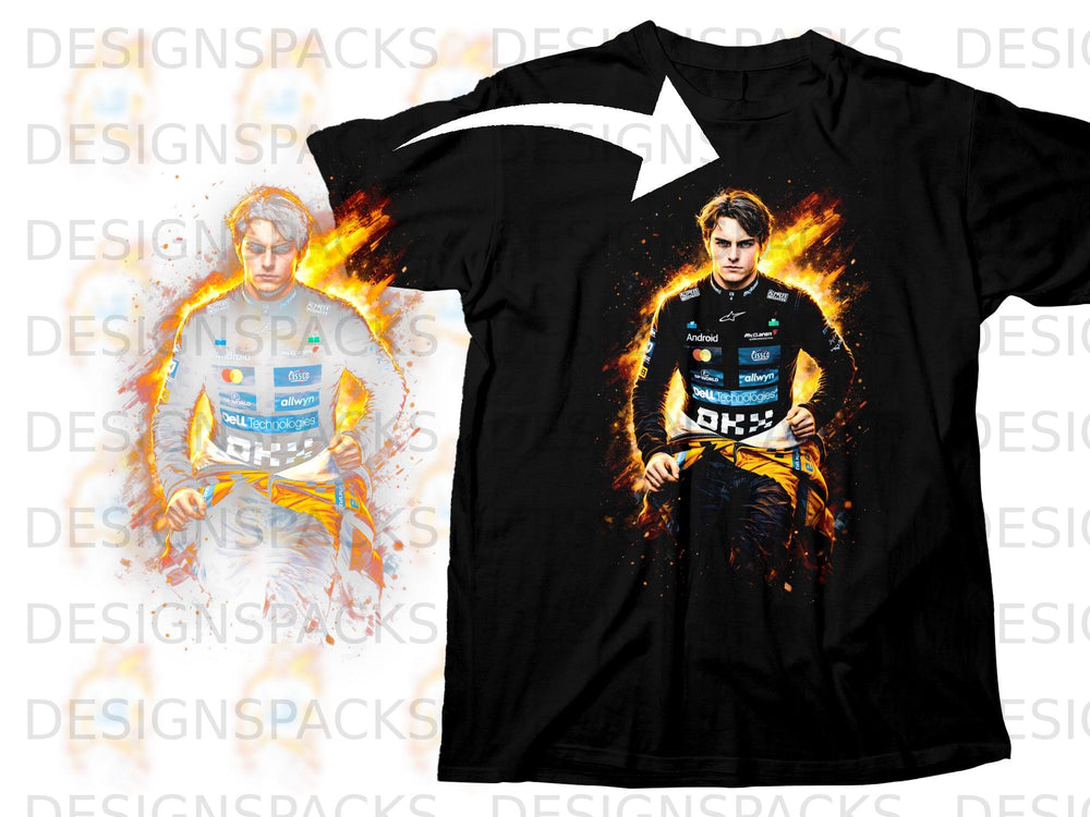 Black t-shirt featuring a graphic of a racing driver with fiery accents.