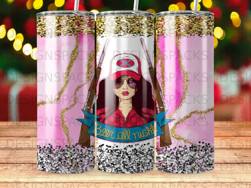 Woman with guns and beer all night text on glitter tumbler.