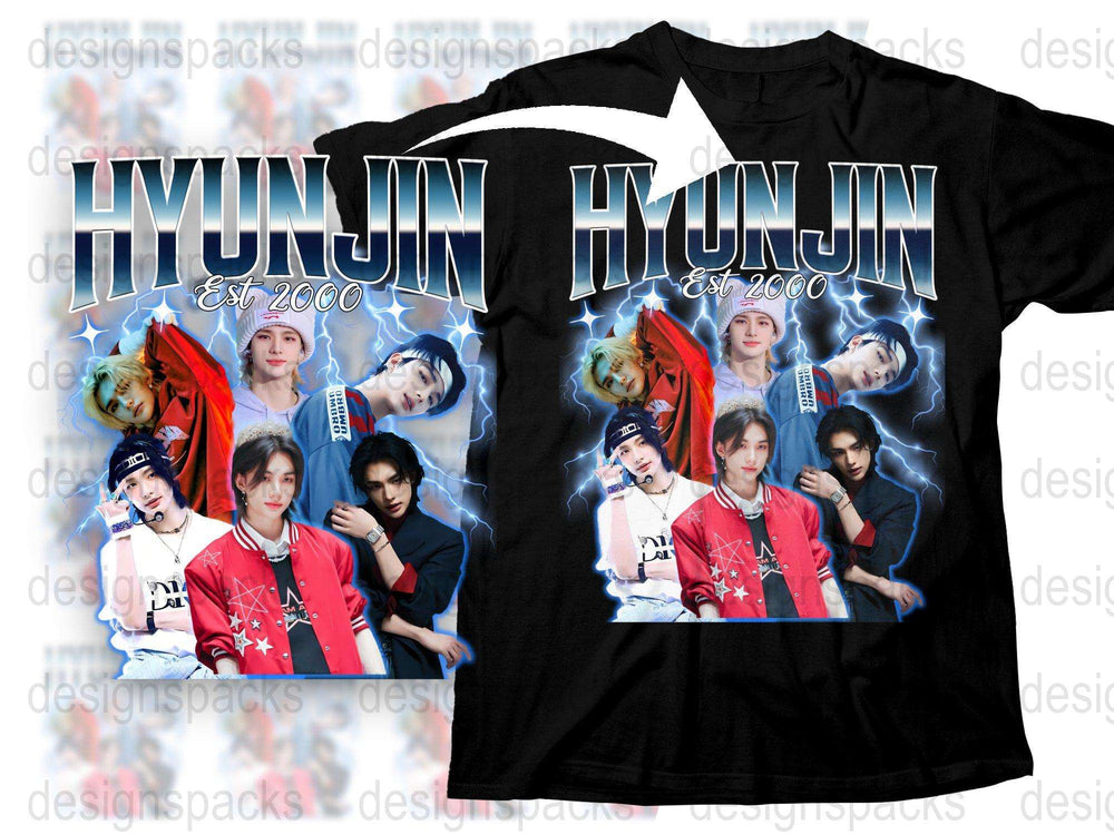 Hyunjin Est 2000 Fan T-Shirt, K-Pop Star Collage Design, Music Idol Graphic Tee, Unisex Black Top