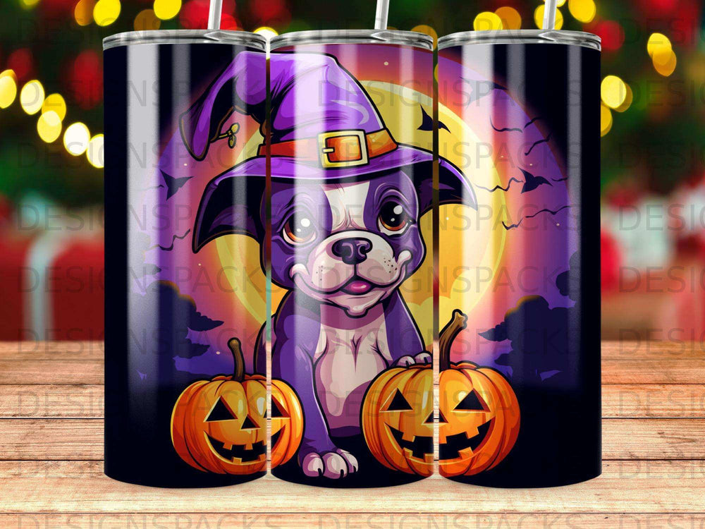 Black French bulldog in witch hat with jack-o'-lanterns, Halloween theme.