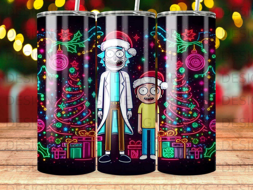 Rick and Morty in Santa hats stand before a neon Christmas tree with gifts.