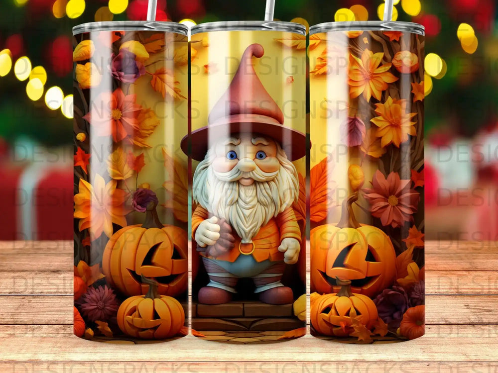 Gnome with pumpkins and autumn leaves on a tumbler.