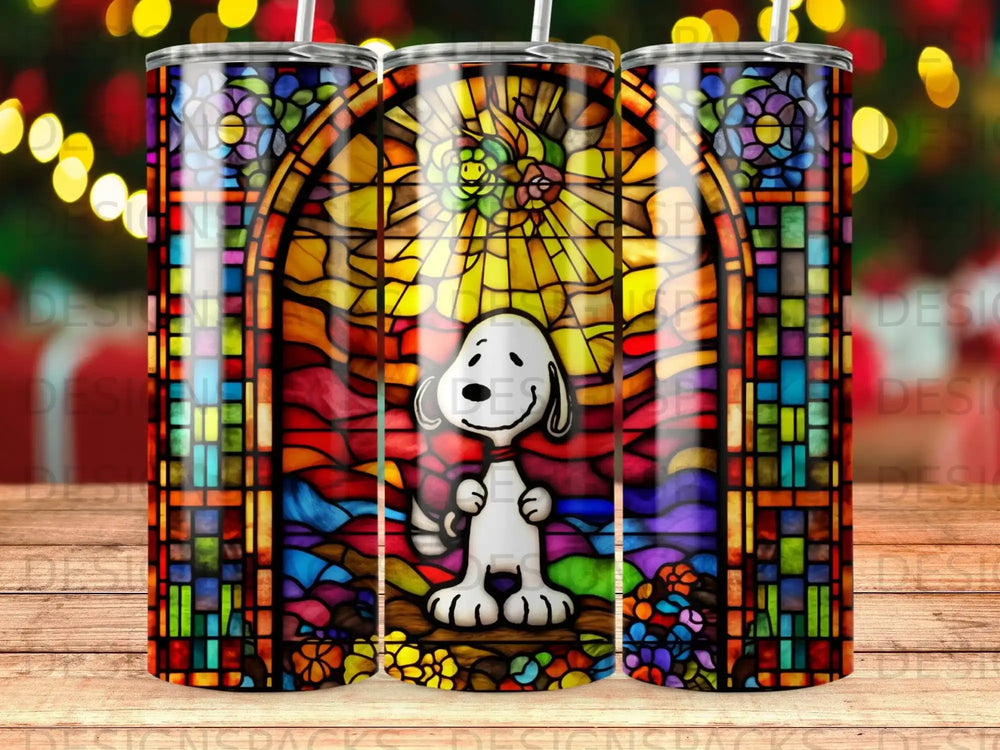 Stained glass Snoopy design on a tumbler.