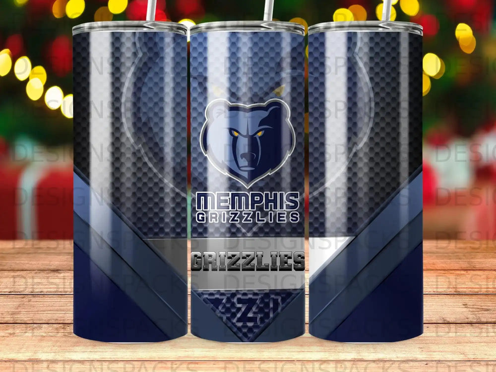Memphis Grizzlies logo on a blue textured tumbler with a straw.