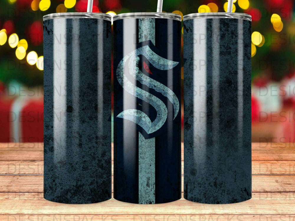 Seattle Kraken logo on a dark, textured tumbler, shown in a triptych.