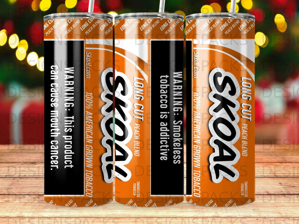 Skoal Long Cut Peach Blend smokeless tobacco cans with warning labels.