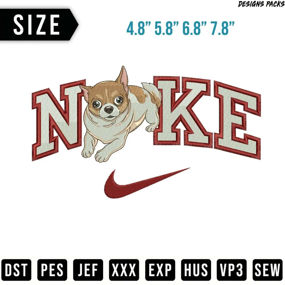 Chihuahua dog on Nike logo design, with size and file format options.