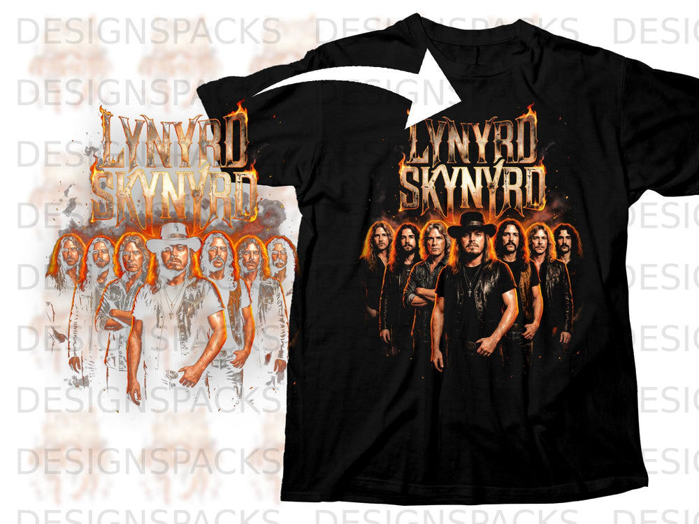 Black t-shirt with Lynyrd Skynyrd band members and flaming logo graphic.
