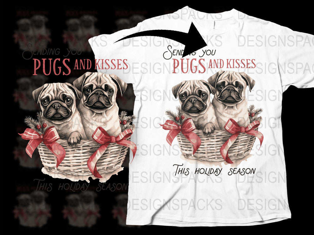 Cute Pug T-Shirt, 'Sending You Pugs and Kisses' Holiday Tee, Christmas Dog Lover Gift, Festive Pet Apparel