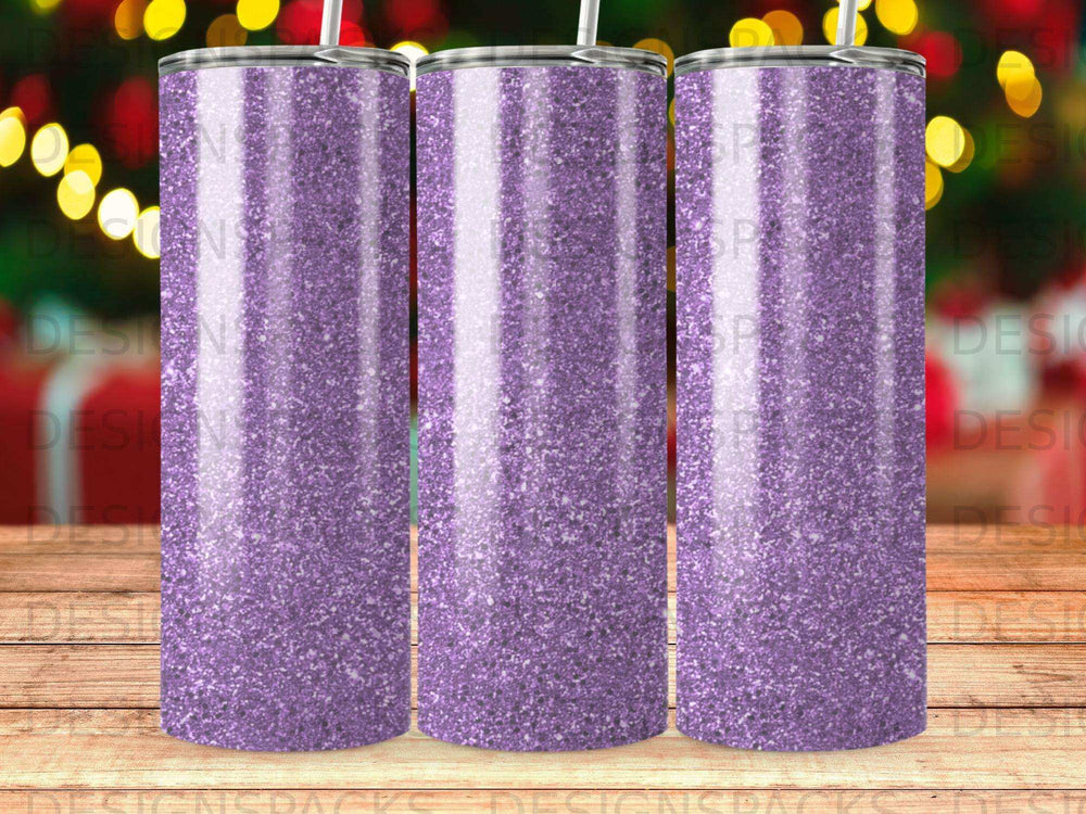 Three purple glitter tumblers with clear lids and straws.