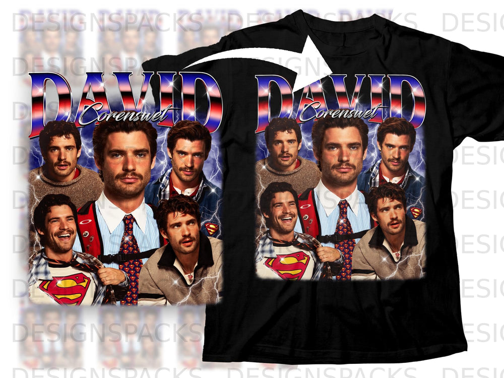 Black t-shirt graphic with "DAVID Corenswet" text and multiple images of the actor.