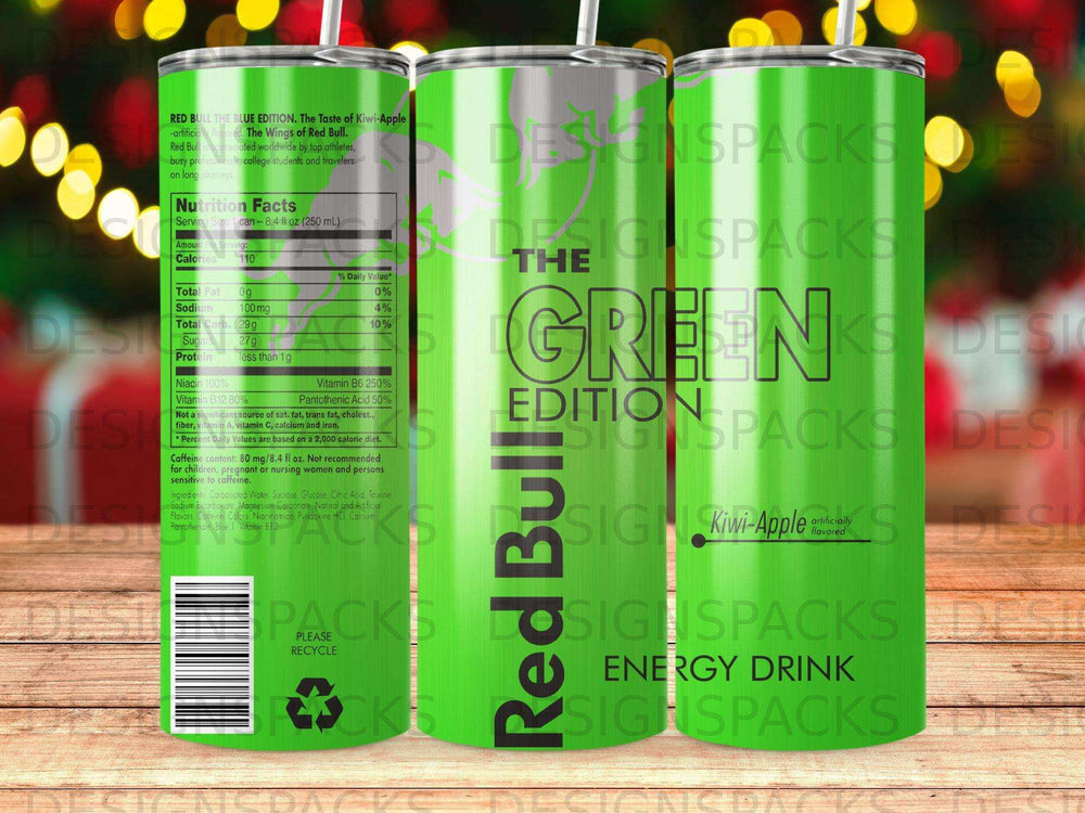 Red Bull Green Edition Kiwi-Apple energy drink can with nutrition facts.
