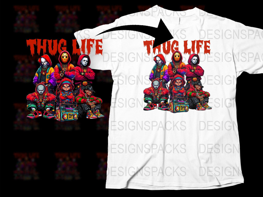 Thug Life Cartoon Characters T-Shirt, Hip Hop Streetwear Graphic Tee, Colorful Urban Fashion Top for Men and Women