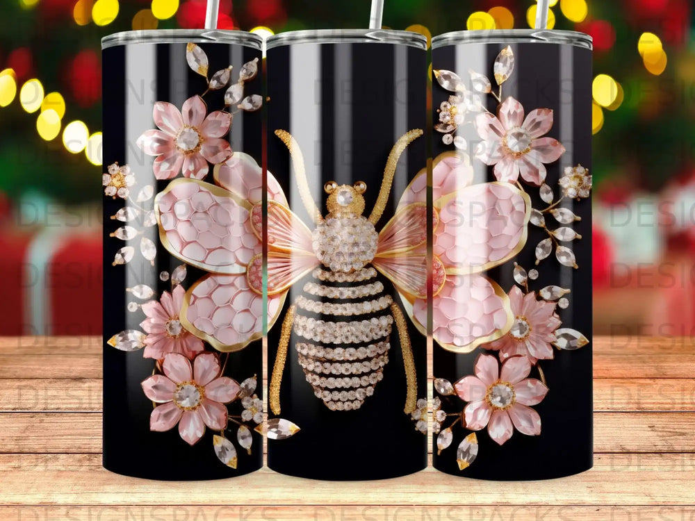 Pink butterfly-like wings and jeweled body on a striped black background.