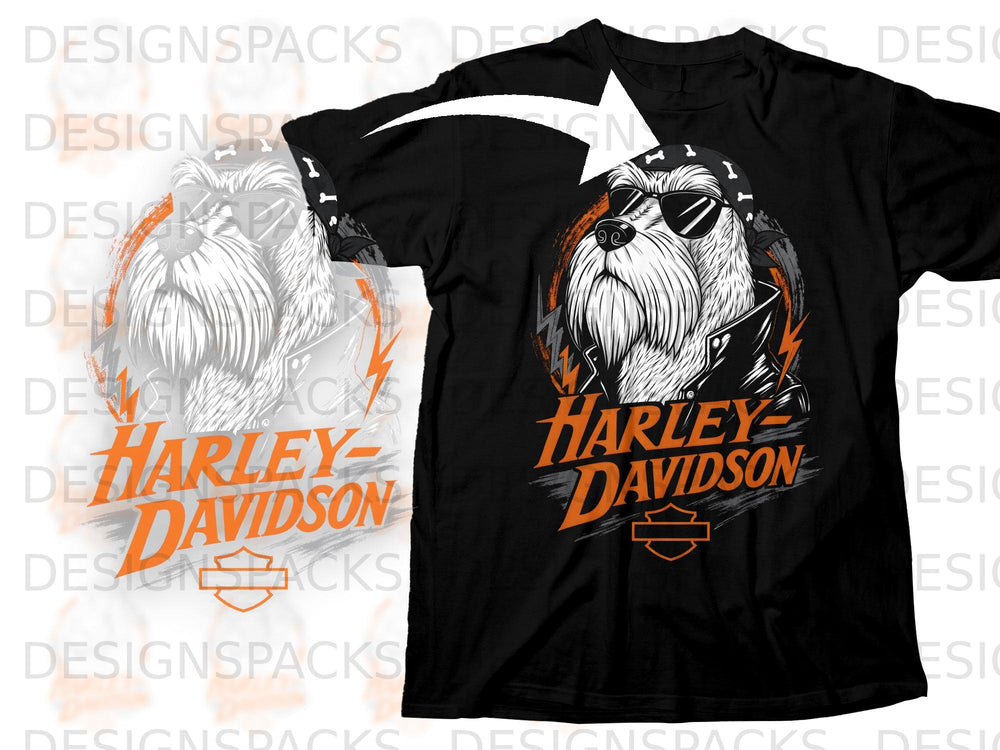 Black t-shirt with Harley-Davidson logo and graphic of a dog wearing sunglasses and a bandana.