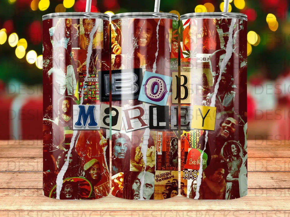 Collage of Bob Marley images and text on a tumbler.