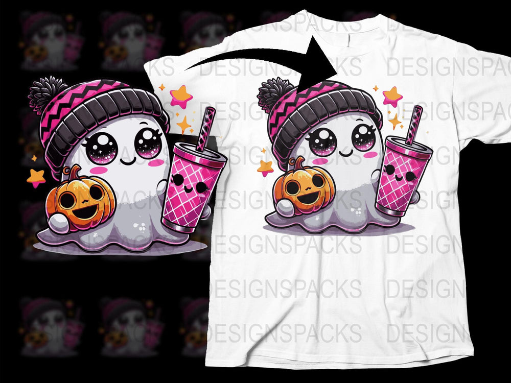 Cute Ghost T-Shirt Halloween Pumpkin Boba Tea Graphic Tee Cozy Fall Fashion Unisex Apparel