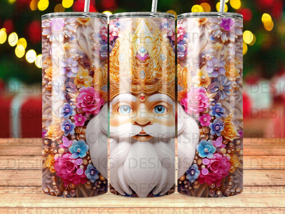 Santa Claus in ornate crown and floral decorations on a tumbler.