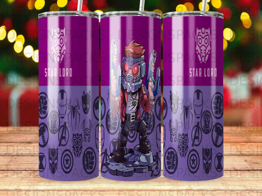 Star Lord character design with Marvel hero logos on a purple tumbler.