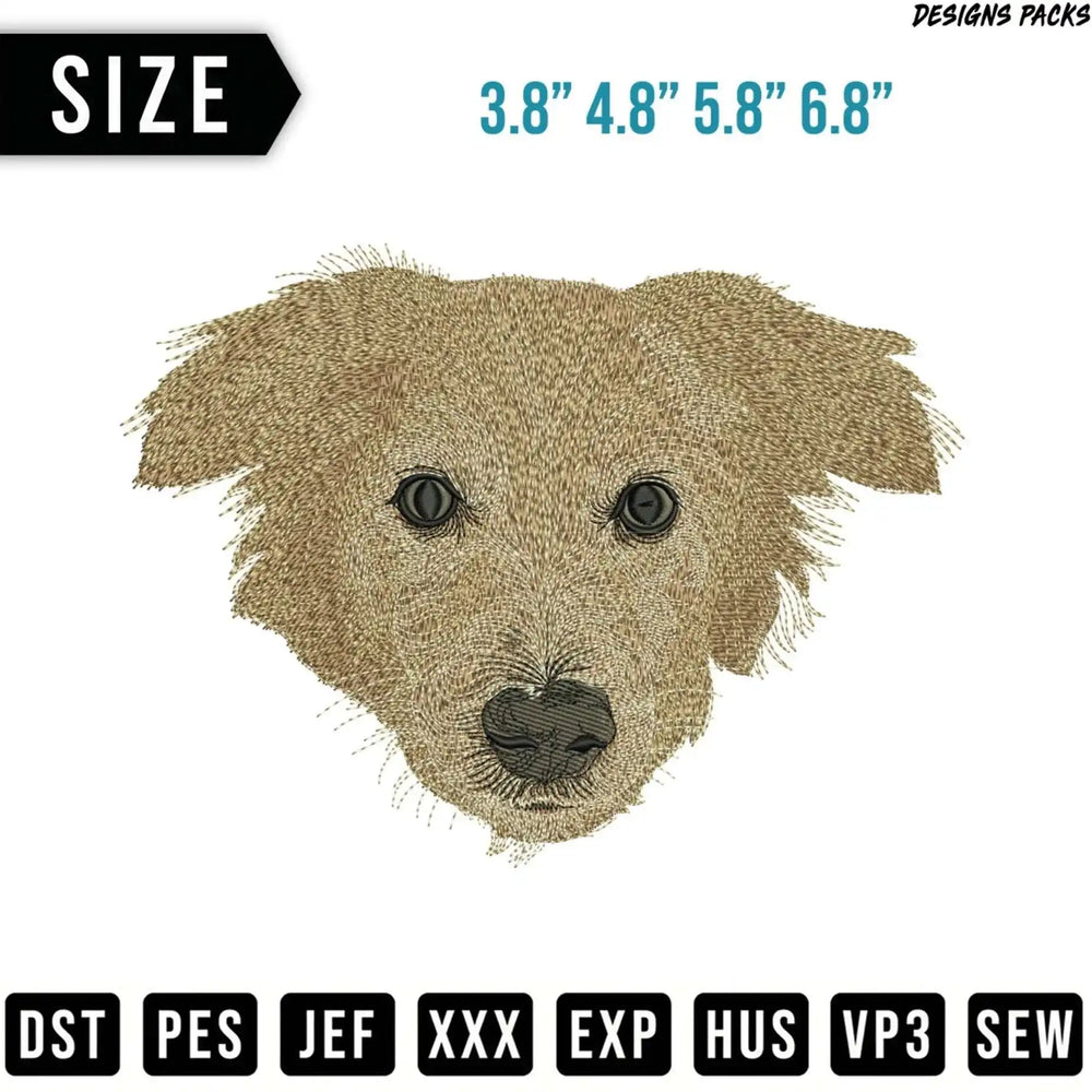 Embroidery design of a golden retriever puppy face with size and file format options.
