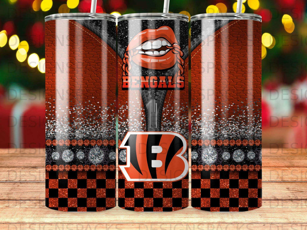 Cincinnati Bengals tumbler with checkered pattern, glitter, and lips.