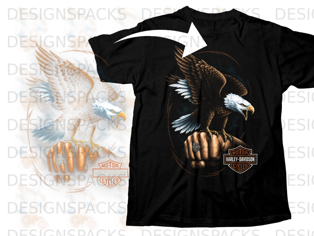 Black t-shirt with eagle clutching Harley-Davidson logo fist.