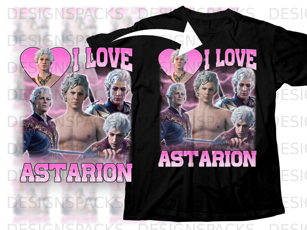 Black t-shirt with pink text "I LOVE" and "ASTARION" with character portraits.