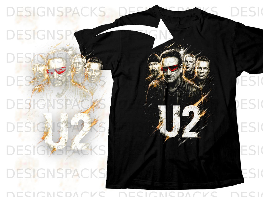 Black t-shirt with U2 band members and U2 logo graphic.