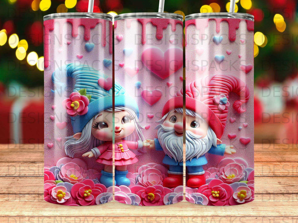 Pink gnome couple with hearts, flowers, and glitter accents.
