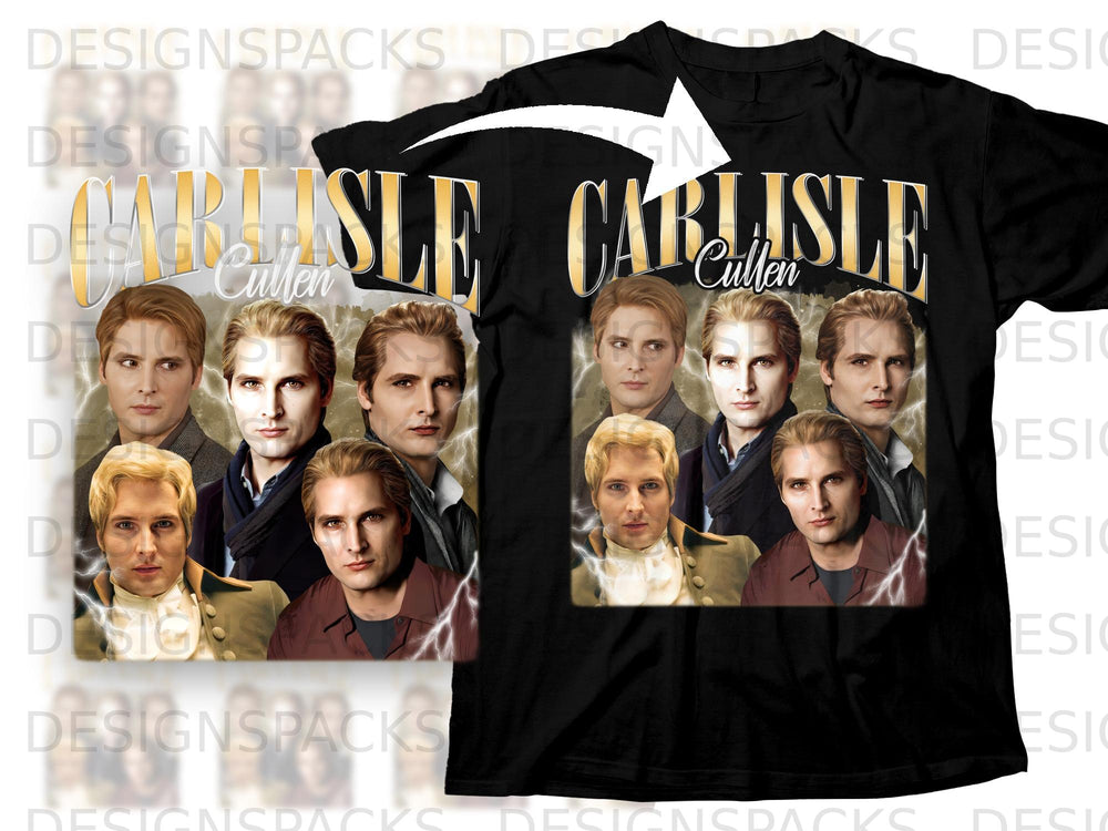 Carlisle Cullen graphic on black t-shirt with lightning background