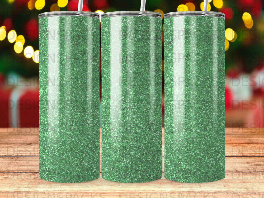 Three green glitter tumblers with straws, arranged side-by-side.