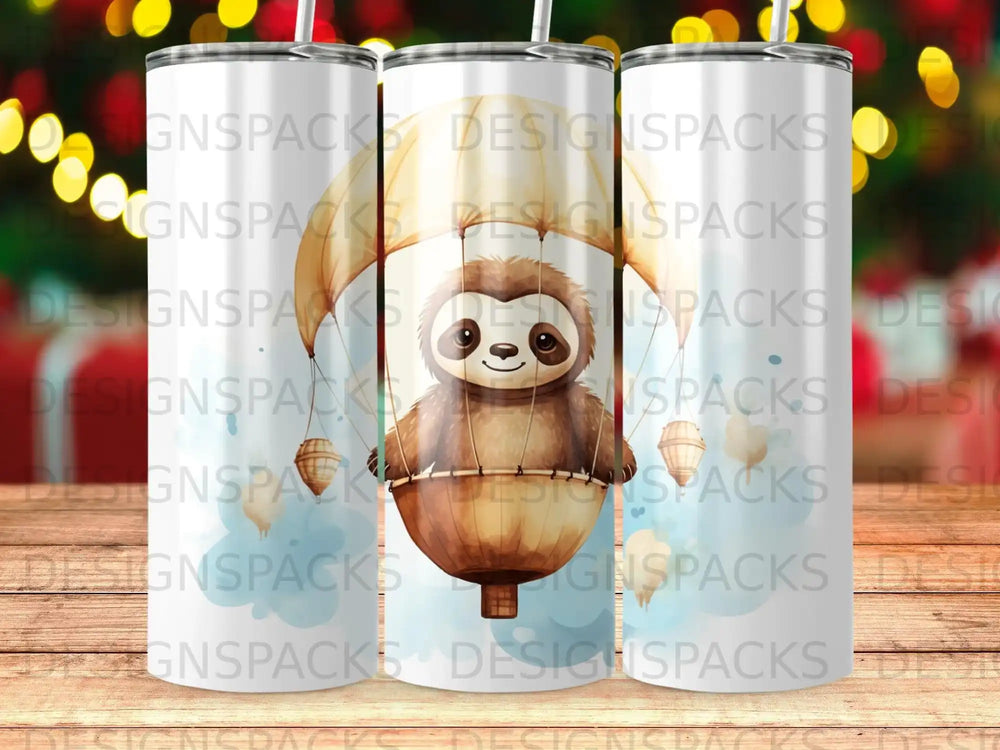 Sloth in hot air balloon with repeating "DESIGNSPACKS" watermark.