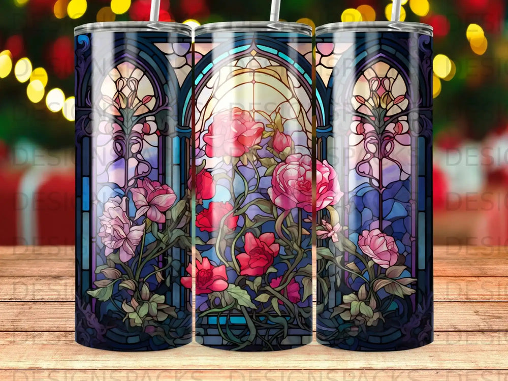 Tumbler with stained glass floral design featuring pink and red roses.
