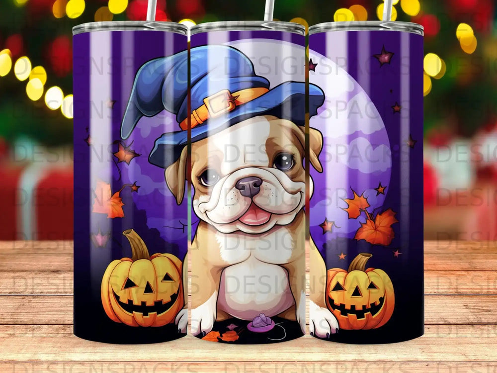 Bulldog in Halloween hat with jack-o'-lanterns and moon.