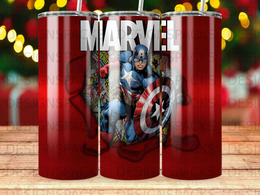 Captain America comic panel wrap on a tumbler with Marvel logo.