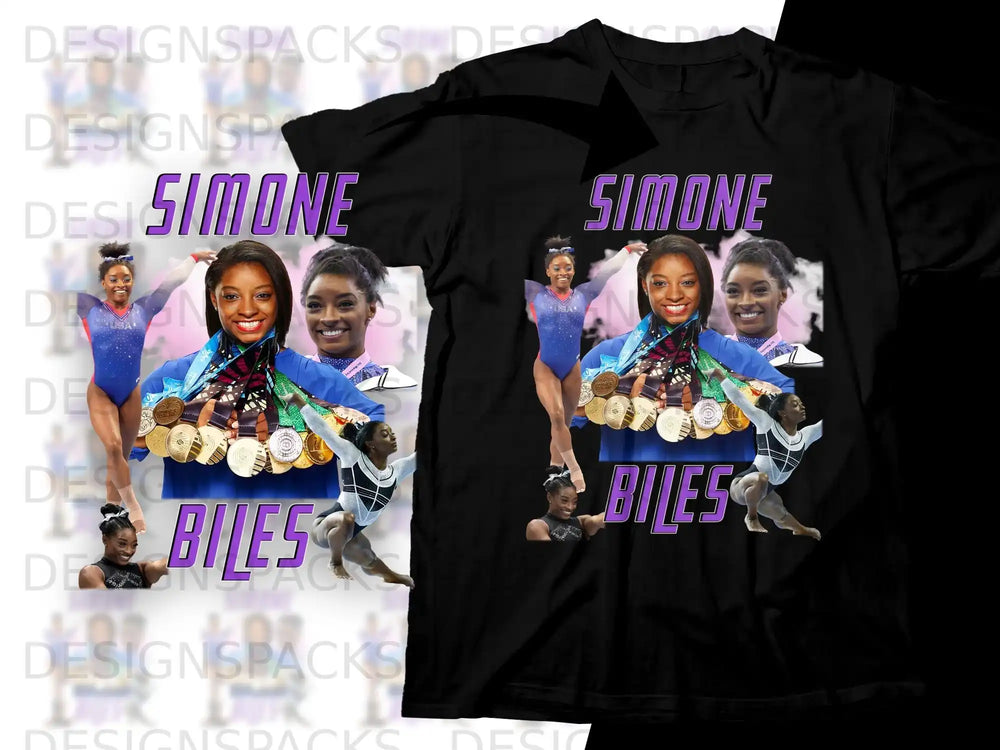Simone Biles t-shirt design with gold medals and gymnastic poses.